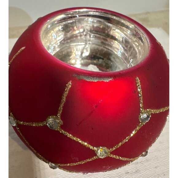 Red Glass Tealight Holder With Gold & Silver Glitter Accents 2.75" - Picture 7 of 7